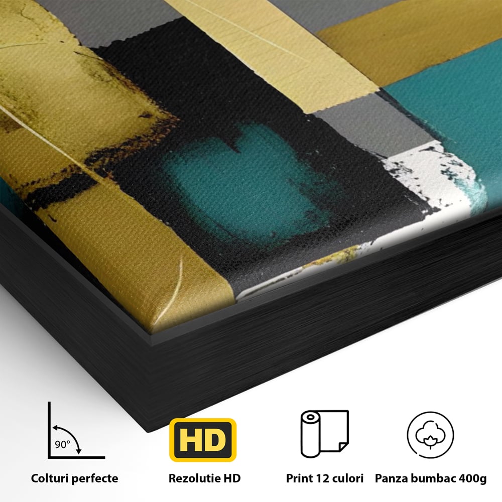 Detaliu al suprafetei: tablou canvas cu forme geometrice abstracte, in rama de aluminiu negru